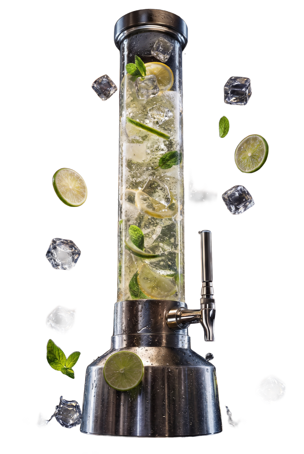 Boogie-Bar-Getränkesäule aus gebürstetem Edelstahl mit Wodka, Limette, Zitrone, Minze und Eis